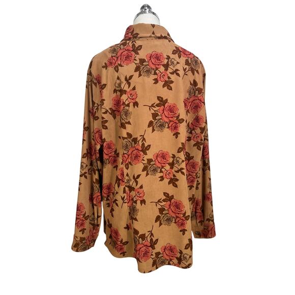 Rose Printed Button Up Shirt Long Sleeves Brown White Stage Top - Picture 9 of 9